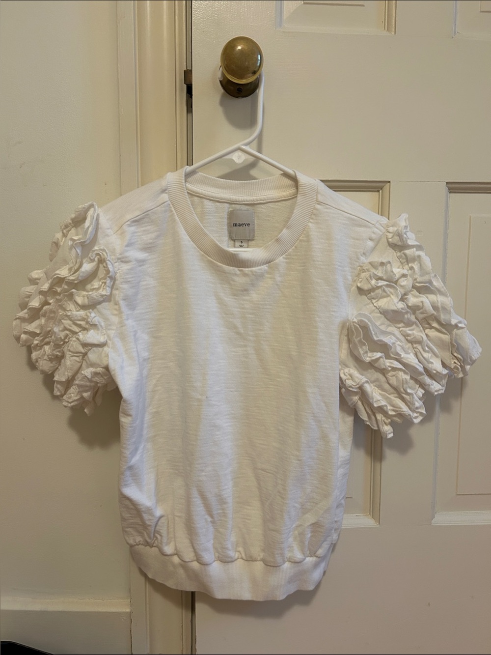 Maeve White Ruffle-Sleeve Short Sleeve Tee